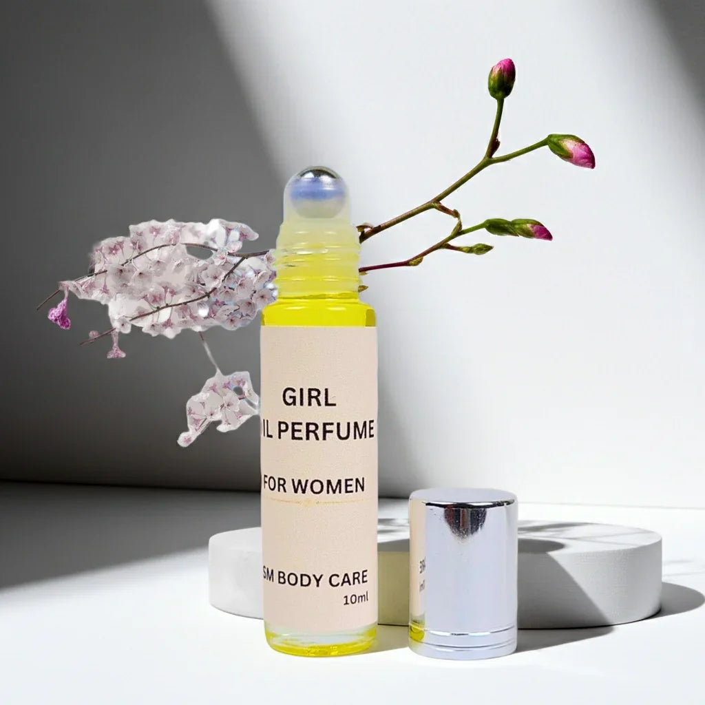 Perfume bottle labeled 'Girl Perfume for Women' with a branch of flowers on a neutral background