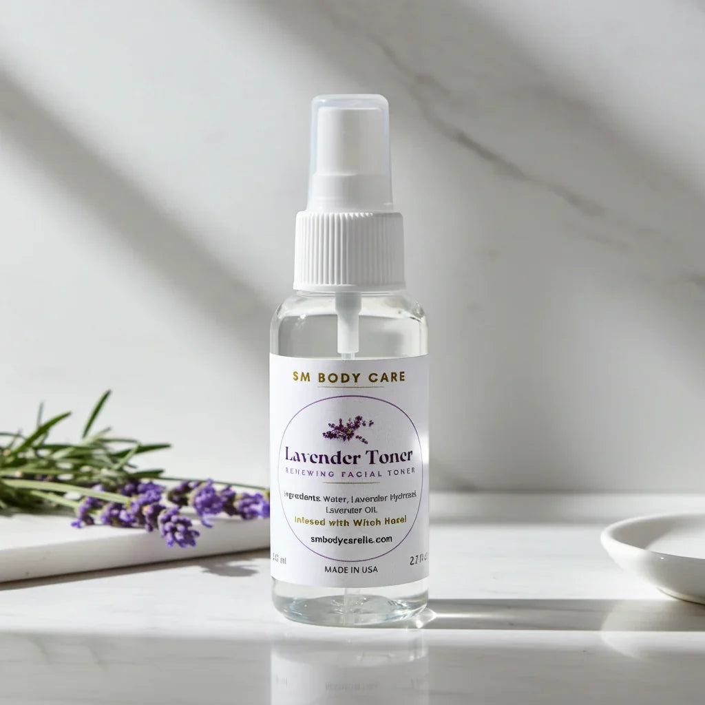 Bottle of lavender toner on a marble surface with lavender flowers.