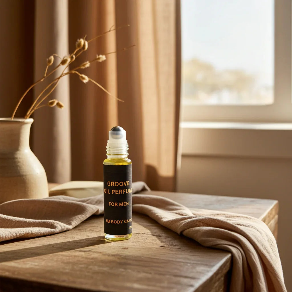 Bottle of Groove Oil Perfume for Men on a wooden surface with a vase and cloth in the background.