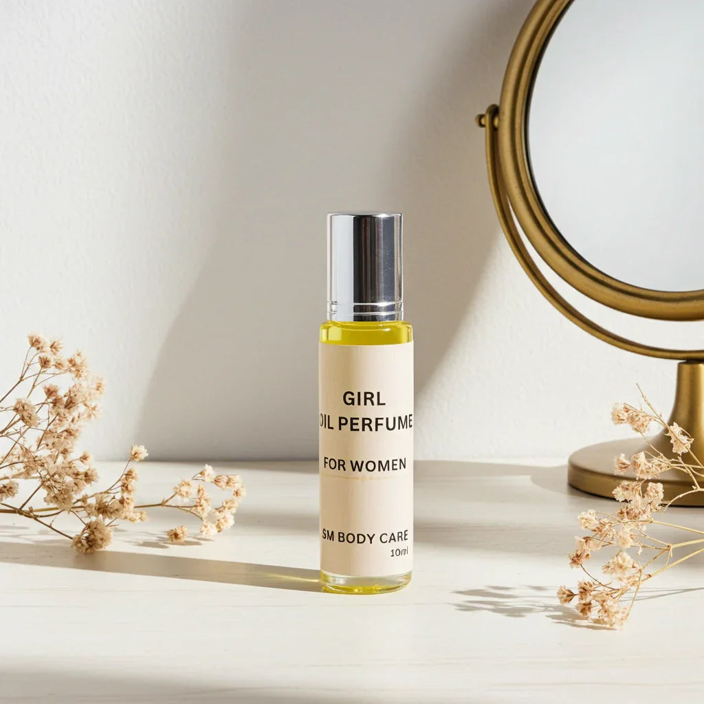Perfume bottle labeled 'Girl Oil Perfume for Women' on a table with dried flowers and a mirror in the background.