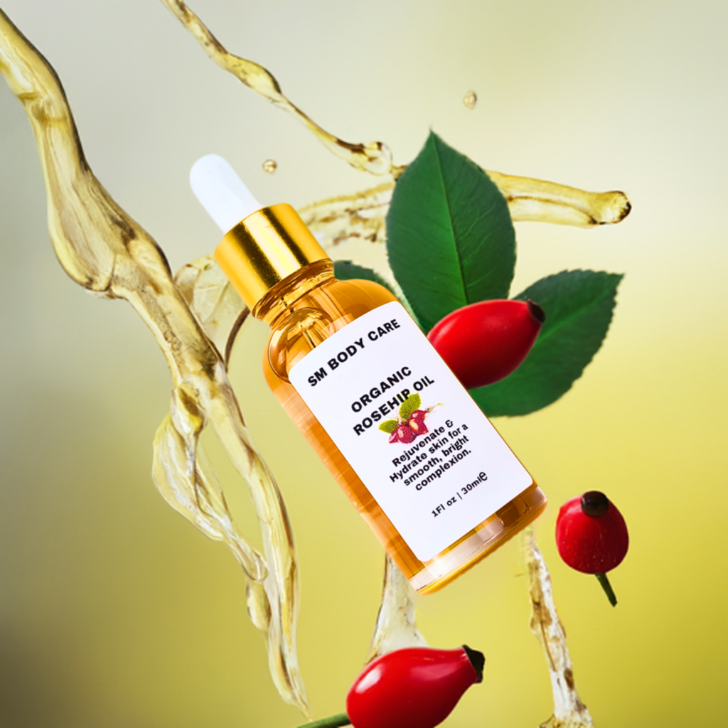 SM Body Care organic rosehip oil bottle with dropper, rosehip fruit and green leaves, golden oil splash