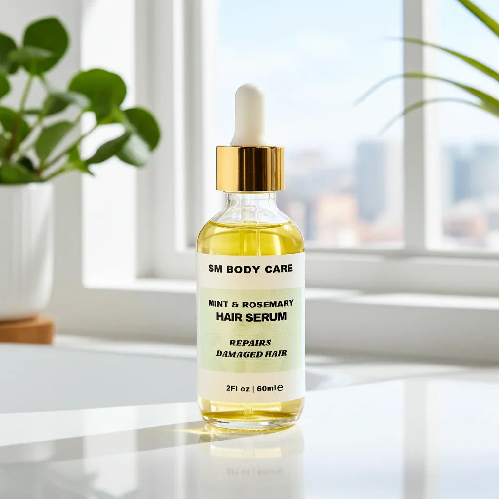 SM Body Care mint and rosemary hair serum bottle on a reflective surface with a blurred window background
