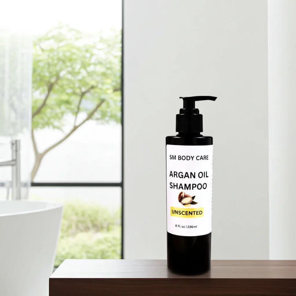 Bottle of SM Body Care Argan Oil Shampoo on a bathroom counter with a window in the background.